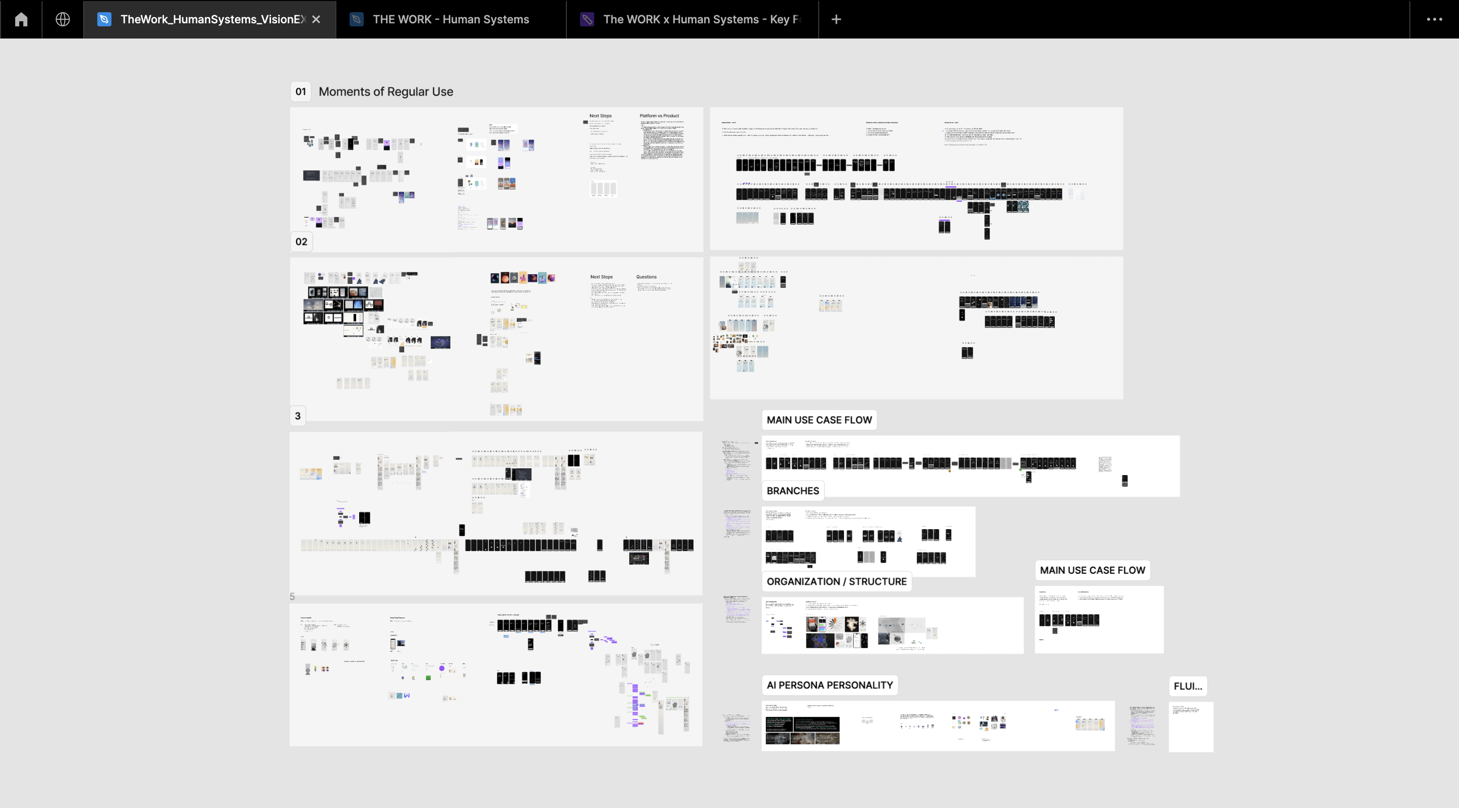 Human Systems beginning exploration screens in Figma, zoomed out a ton of screens even more screens