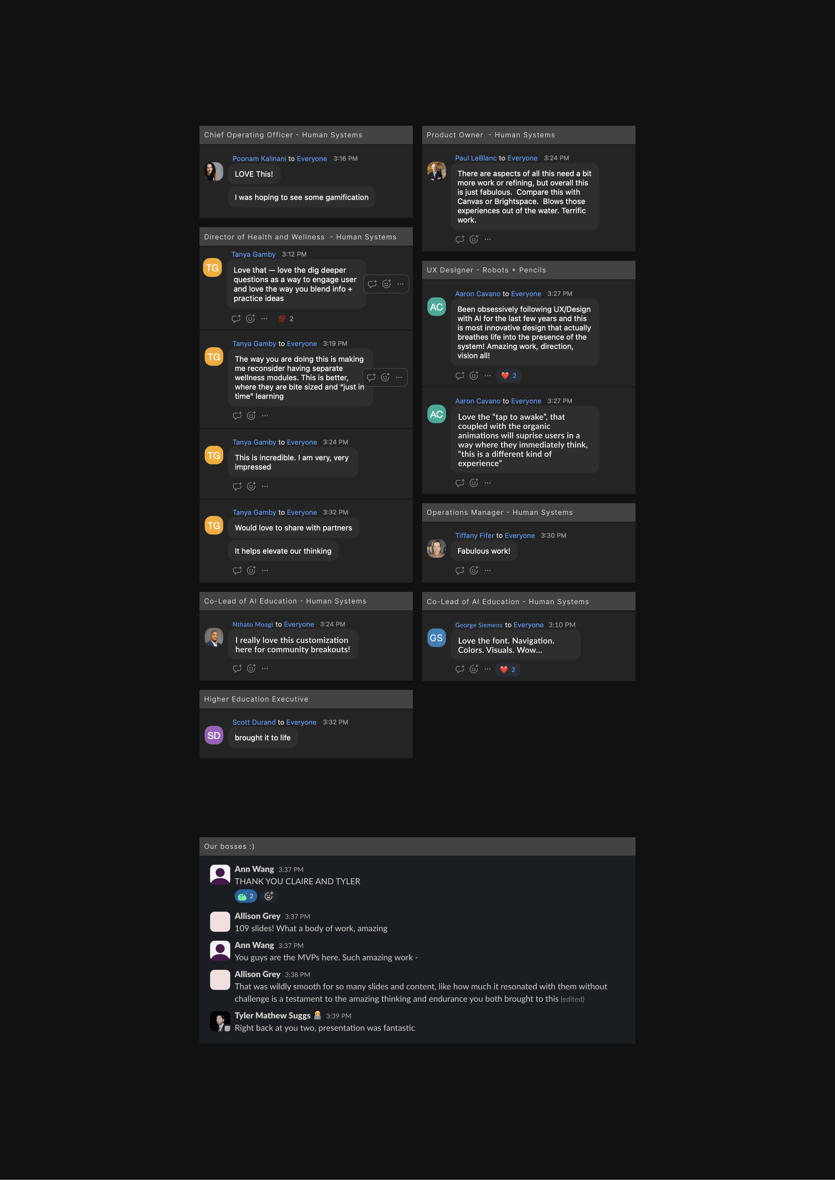 Feedback via zoom call from heads of departments and our bosses and stakeholders
