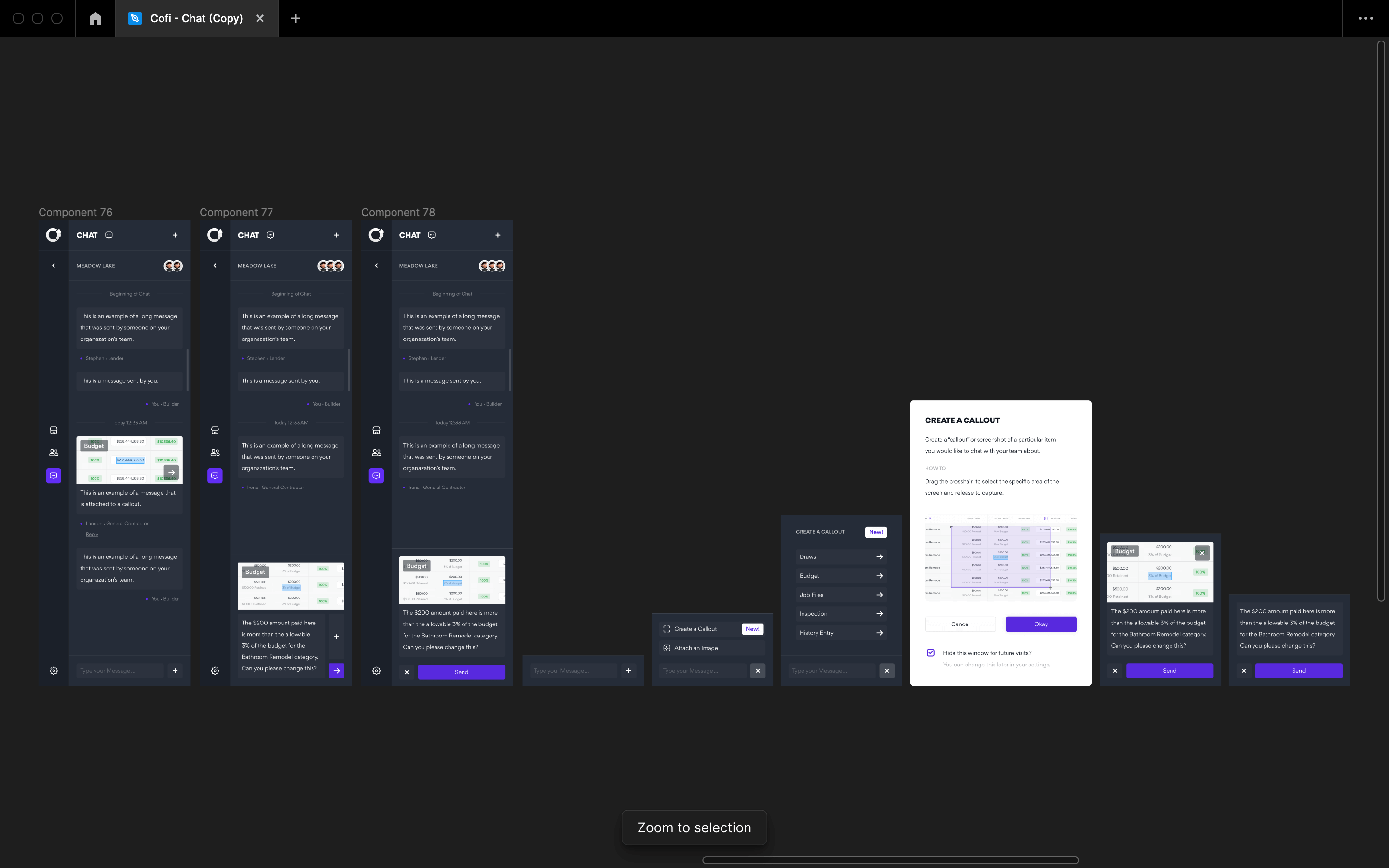CoFi sidebar navigation for internal chat showing multiple screens for the flow