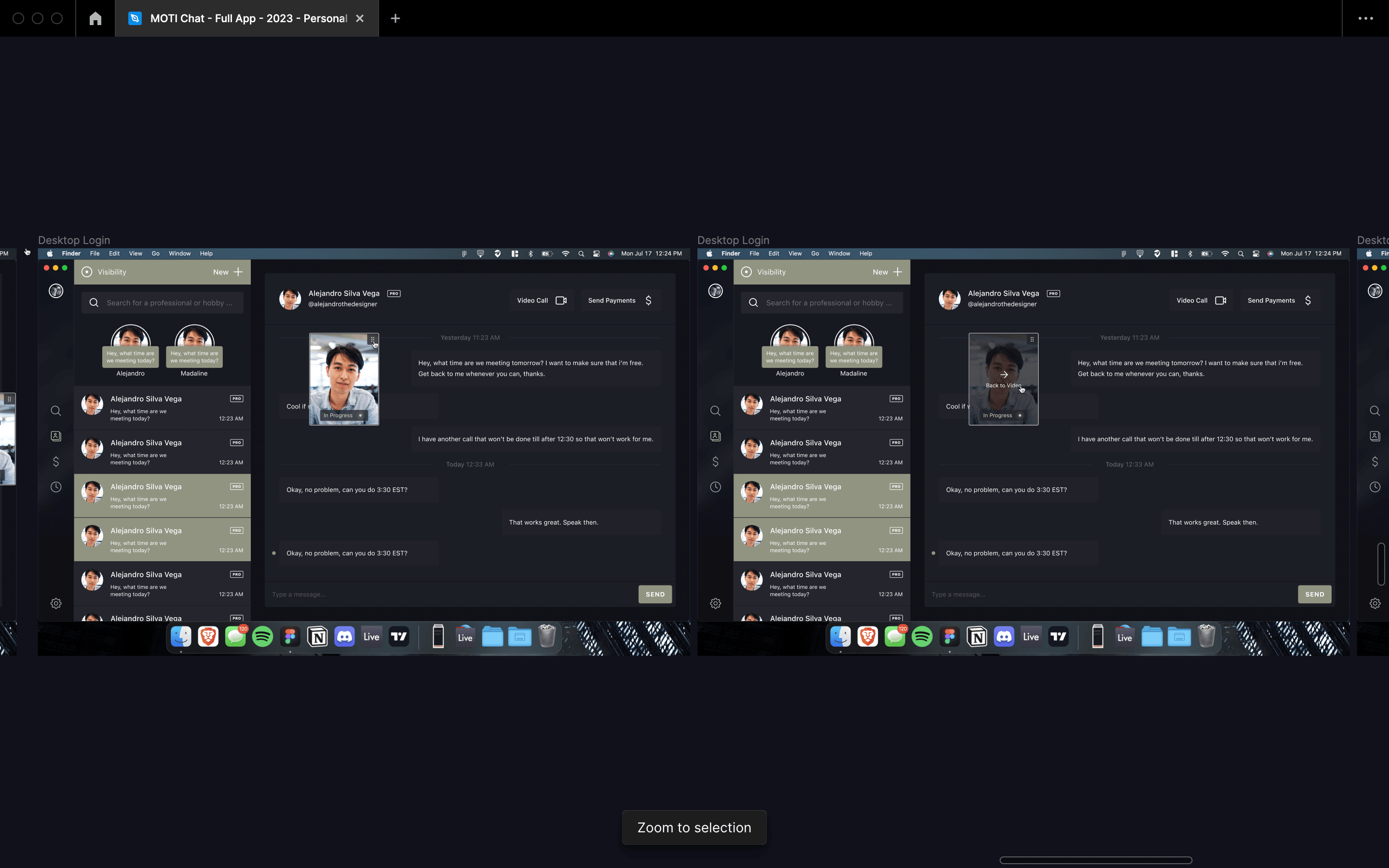 MOTI desktop app showing picture in picture example when exiting video call to reply to a message, then coming back to the call even closer up