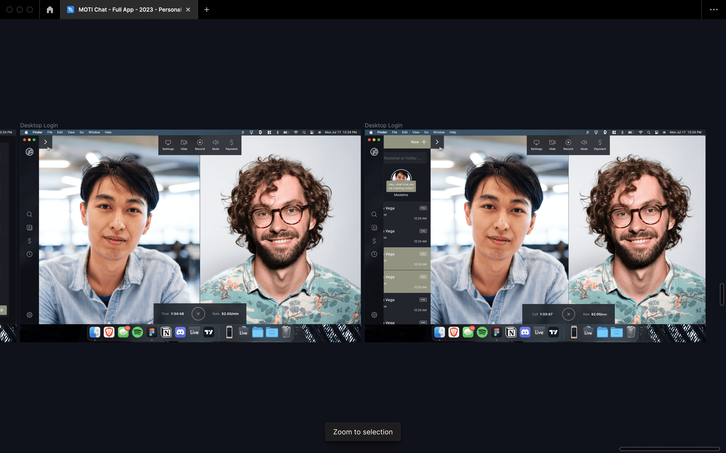 MOTI desktop app showing the main video call screens and the sliding action of the sidebar to save screen real-estate