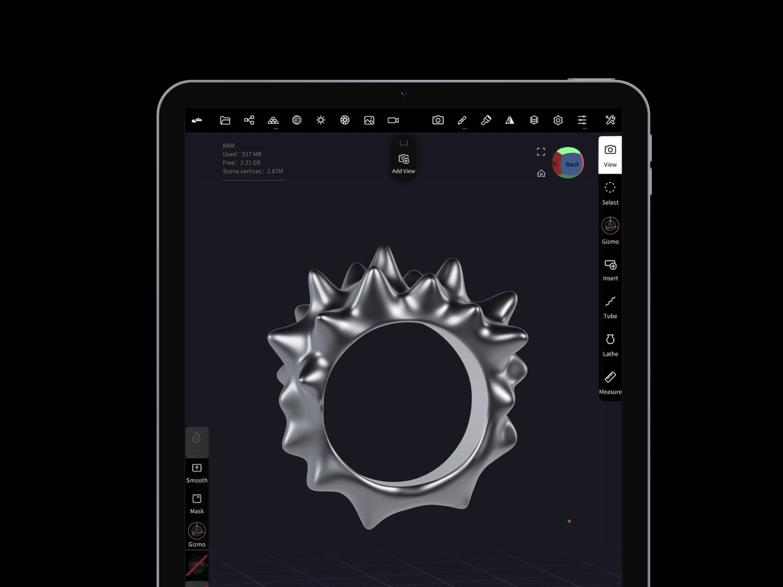 A cover image for FREEKZ Jewelry that shows an iPad screen with a 3d model of a sterling silver spiky ring named SLUDGE
