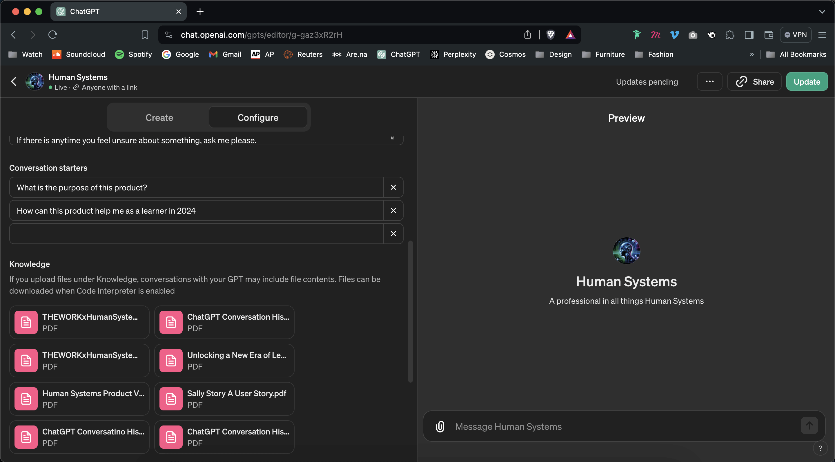 Human Systems creation of custom CPT and instruction parameters 2 showing documents we uploaded to train it on