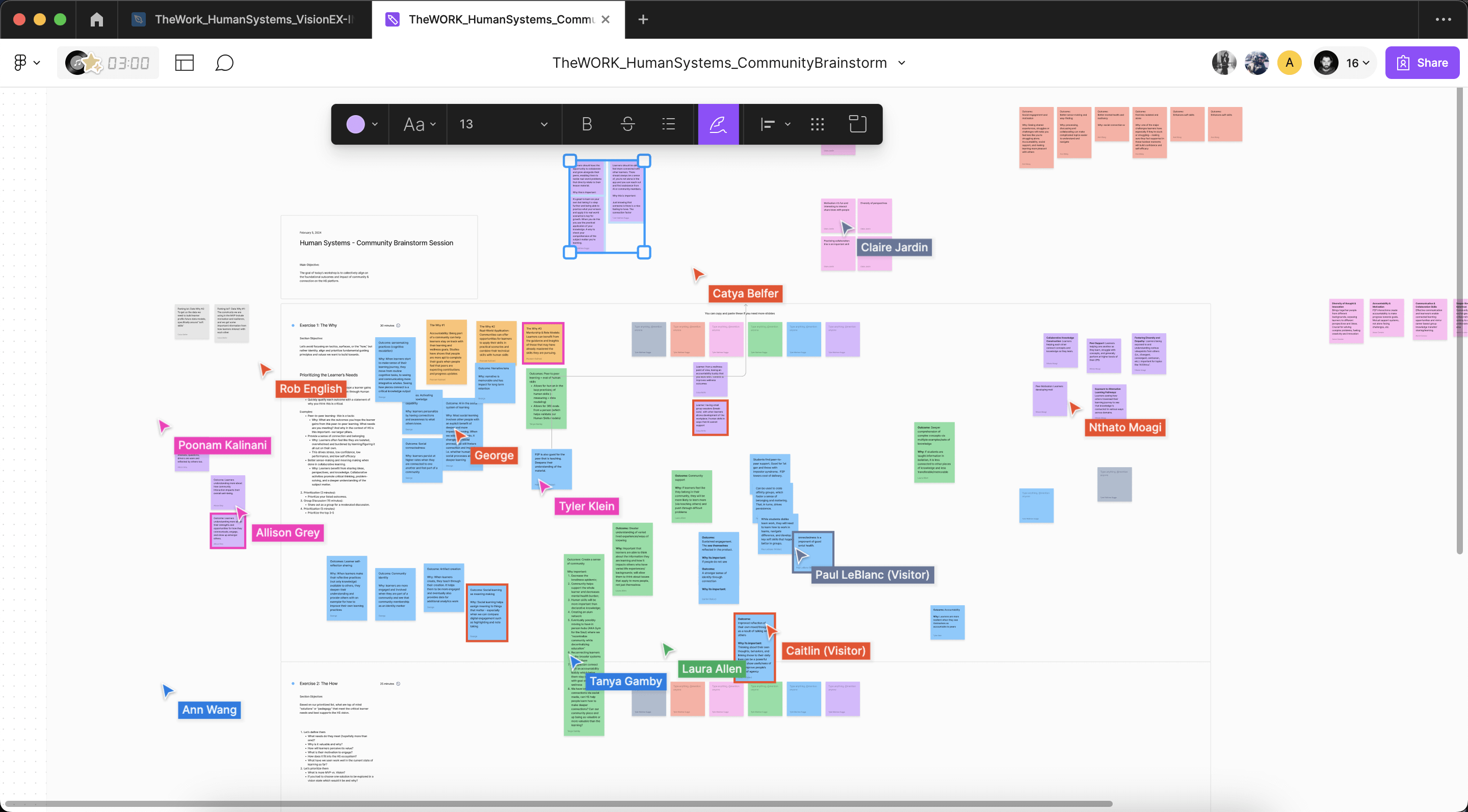 Community brainstorm session with client stickies showing guiding principles and people all in Figma together