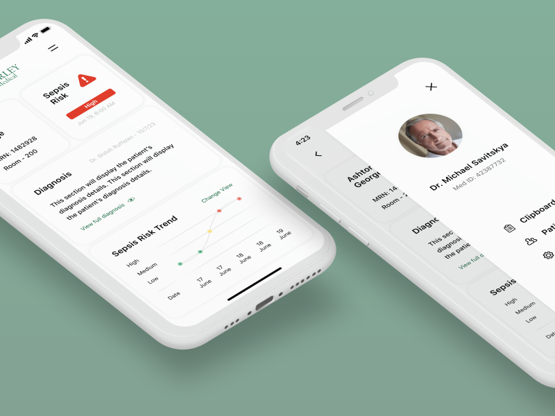 A cover image for Morley Medical that shows two mobile UI design examples from the medical app that was created for the client.
