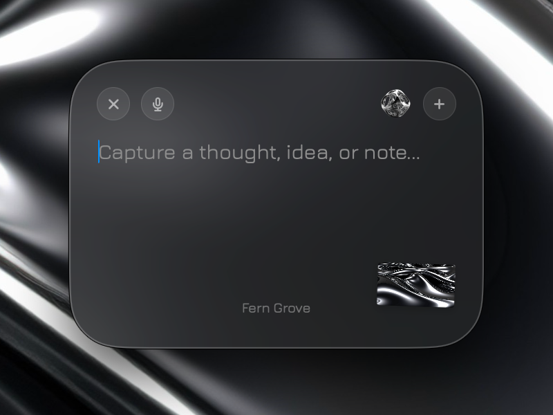 A cover image for N0te, a mac app that allows for quick thought capture. Liquid glass note over a liquid metal background.